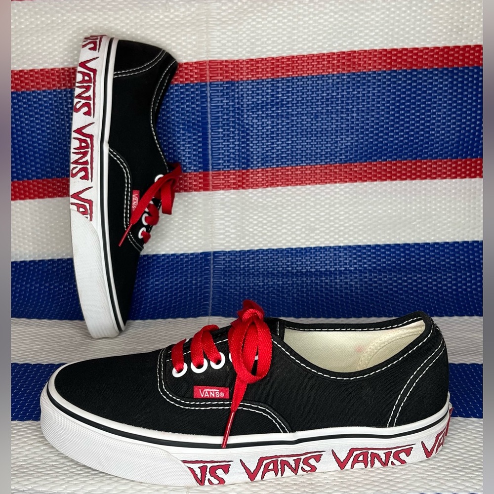 Vans Black Canvas Sneakers with Red Laces and Red Logo
